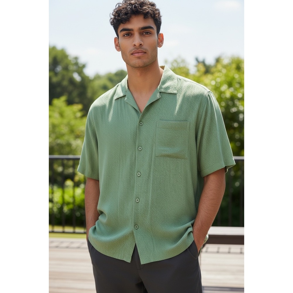 Sette Ponti Mens Green Textured‎ Short Sleeve Button Up Shirt Size L